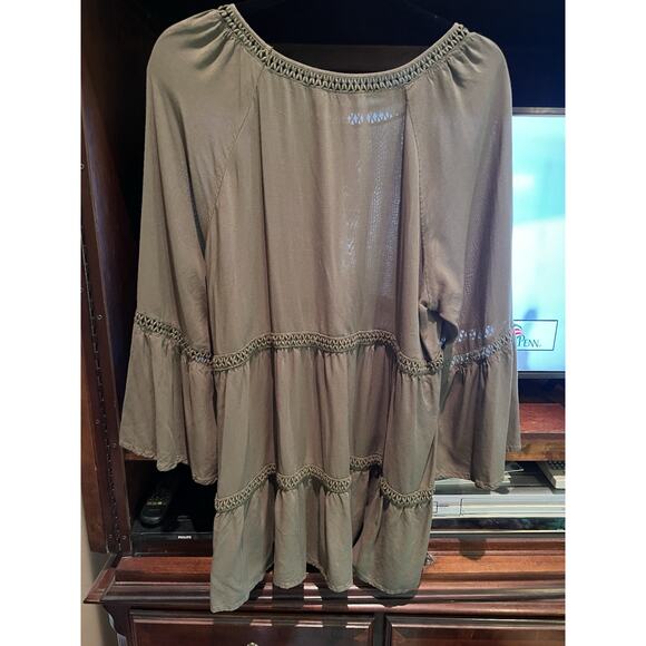 Spense Tiered Peasant Boho Top Size XL Rayon Crochet Lace Green Bell Sleeves - Picture 2 of 5